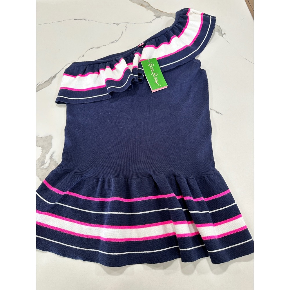 Lilly Pulitzer Mandarina Sweater Tank One Shoulder Ruffle Navy Pink Stripe L NEW